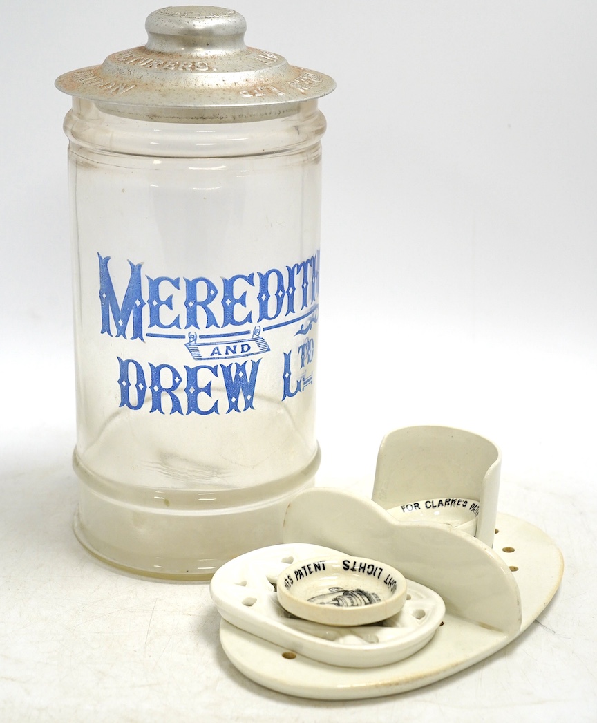 A quantity of Victorian and later kitchenalia and advertising ware, to include a Meredith & Drew Ltd. biscuit jar, sieve dishes etc. Condition - poor to fair